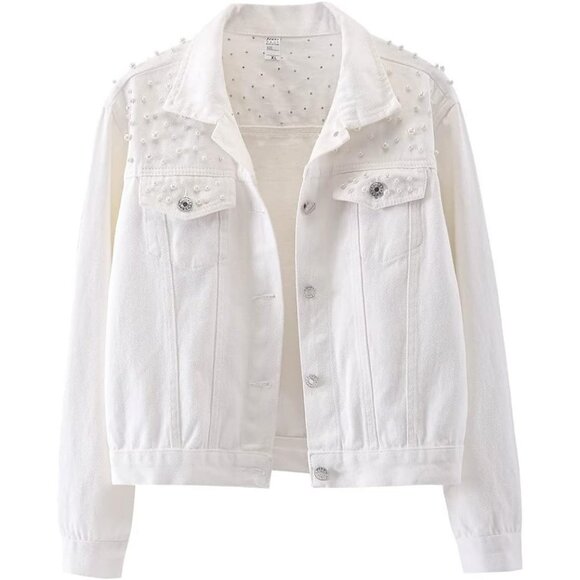 Jackets & Blazers - Women's Oversized Denim Jacket Embroidered Pearls Beading Jeans Coat White